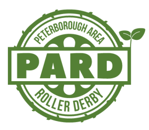 PARD Peterborough Area Roller Derby Logo adapted in green with encircling vine and leaf sprout