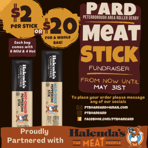 PARD Meat Stick Fundraiser from now until May 31, social media links, and pricing 2$ / stick or $20 / bag with meat stick packaging